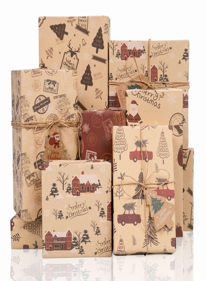 Toptime Christmas Wrapping Paper, 6 Sheets Vintage Gift Wrapping Paper with Ribbon Tags, Red Xmas Kraft Wrap Paper w/Santa Claus, Christmas Tree, Cars, Gift Paper for New Year, Holiday (27.6x19.7in) - Image 1